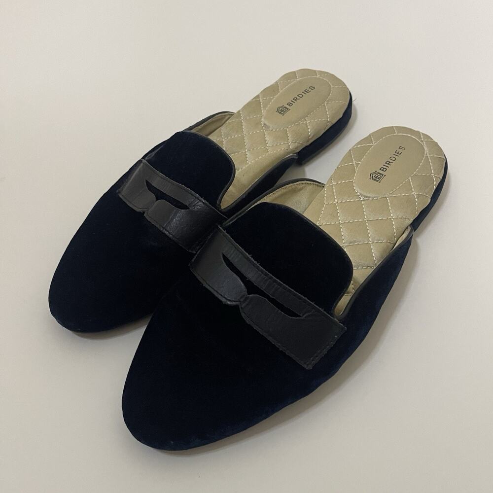 Birdies navy blue velour slip on quilted mules size US 8.5